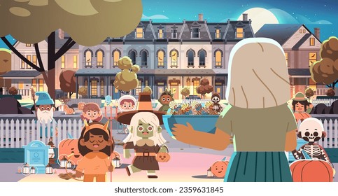 Woman gives candy to children in Halloween costumes. Boys and girls collecting candy from pumpkin basket. Happy Halloween background vector illustration. 