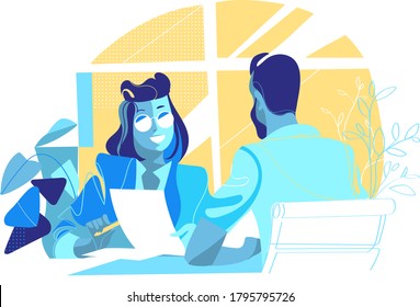 A woman gives a document to sign to a man in the office
