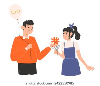 A woman gives a flower to a man holding a golden infinity balloon for Autism Awareness Day