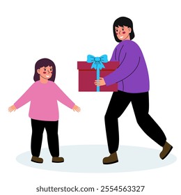 A woman gives a gift to her daughter. Mother brings a gift. Christmas Vector illustration on white background