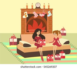 Woman gives a gift in the interior vector illustration. Girl hold present  gift New Year Merry Christmas. Illustration of woman holding Christmas gifts.