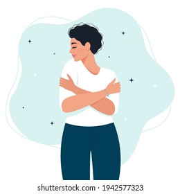 woman gives herself, love yourself concept. Vector illustration in flat style