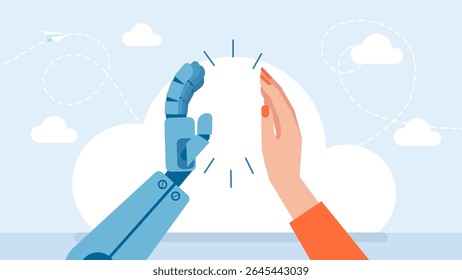 A woman gives a high five to the AI assistant. A woman giving a high five to a friendly AI robot, celebrating teamwork. A friendship with modern technology concept. Vector flat illustration