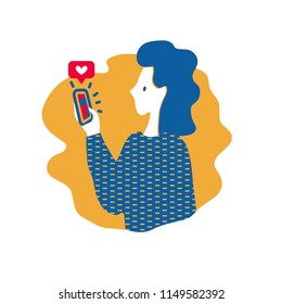 Woman gives like on social media mobile app. Vector illustration in flat style about using social networks. Concept of increasing social media engagement . EPS10.