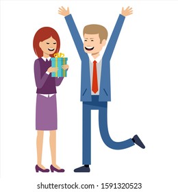Woman gives a man a gift. Holidays. Vector illustration