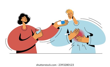 Woman gives pills with glass of water to sick man with chest pain. Young married couple taking care of each other.