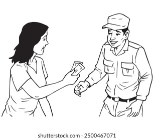 A woman gives something to an officer. Illustration in black and white and vector format. This illustration is not AI Generated content.