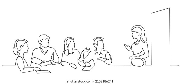 Woman gives a talk to an audience at meeting. Continuous one line drawing. Business training concept. Vector graphic illustration