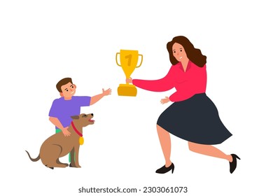 woman gives trophy cup goblet prize  to boy and his dog vector illustration