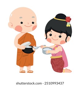 Woman giving alms make merit offer food with monk