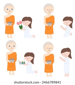 Mujer dando limosna al monje. Ofreciendo limosna. Budismo tailandés. Feliz Día de Vesak Buda Purnima. Día de Makha bucha. Religión y cultura. Personaje de monje o templo. Diseño plano gráfico. Ilustración vectorial de dibujos animados.