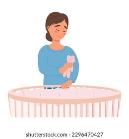 A woman giving a baby a soft toy, taking care of a baby, motherhood, putting a baby to bed in a crib. Motherhood and family, vector