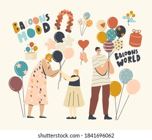 Woman Giving Balloon to Little Girl, Male and Female Adult Characters Holding Helium Balloons, Entertainment with Animator, Birthday Celebration, Childhood Concept. Linear People Vector Illustration