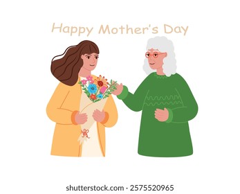 Woman giving bouquet of flowers to her elderly mother. Two generations celebrate happy mother's day together. Vector illustration
