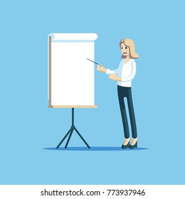 A woman is giving a business presentation cute smiling businesswoman standing near a white presentations board and a pointer in hand, explains something. Vector illustration of flat design style.