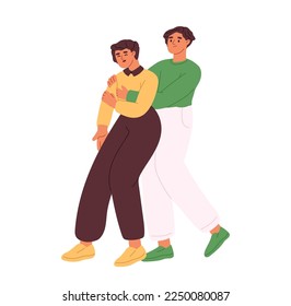 Woman giving choking man heimlich maneuver. Girl rescuing wheezing male. Reanimation procedure and first aid courses training classes concept. Cartoon flat vector Illustration