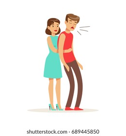 Woman Giving Choking Man A Heimlich Maneuver, First Aid Vector Illustration