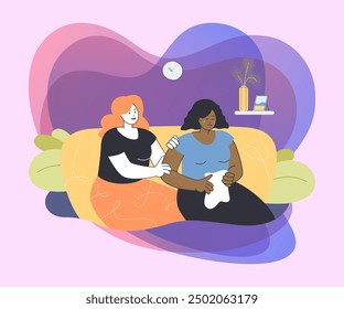 Woman giving comfort and support to depressed friend, keeping palms on her shoulder. Crying girl feeling anxiety and needing comfort flat vector illustration. Empathy, loneliness, compassion concept