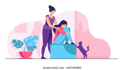 Woman giving comfort and support to friend, keeping palms on her shoulder. Girl feeling stress, loneliness, anxiety. Vector illustration for counseling, empathy, psychotherapy, friendship concept