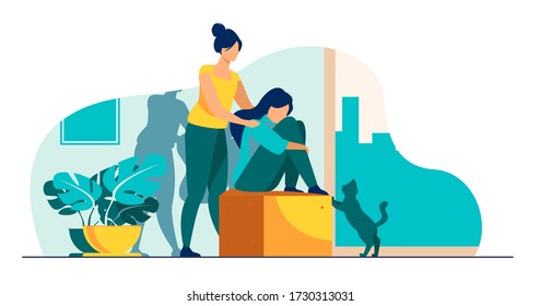 Woman giving comfort and support to friend, keeping palms on her shoulder. Girl feeling stress, loneliness, anxiety. Vector illustration for counseling, empathy, psychotherapy, friendship concept