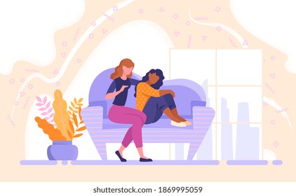 Woman giving comfort and support to friend, keeping palm on her shoulder. Girl feeling stress, loneliness, anxiety. Vector illustration for counseling, empathy, psychotherapy, friendship concept