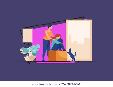 Woman giving comfort and support to friend, keeping palms on her shoulder. Girl feeling stress, loneliness, anxiety. Vector illustration for counseling, empathy, psychotherapy, friendship concept