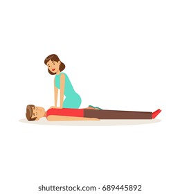 Woman giving a CPR cardiac massage for breathless man, reanimation procedure first aid vector Illustration