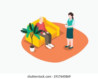 woman giving a cup of tea to elderly isometric 3d vector concept for banner, website, illustration, landing page, flyer, etc.