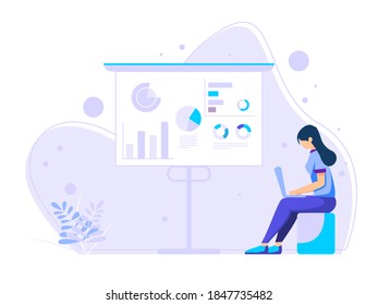 Woman giving data presentation to big screen online. digital concepts, remote work, and business communications. Modern flat vector illustration.