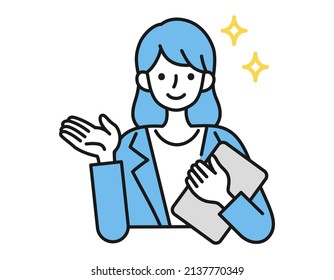 Woman giving directions and explanations.  Business person.  Vector figure illustration on white background.