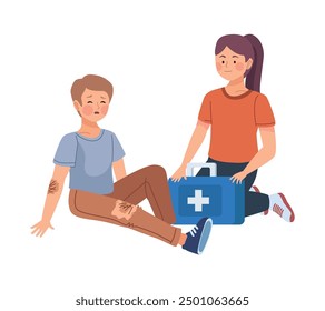 woman giving first aid to injured boy isolated