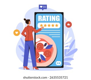 Woman giving five-star rating to food on large smartphone screen, flat cartoon style, abstract background with leaves, concept of online food review. Vector illustration
