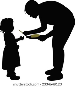 woman giving food to girl, silhouette vector