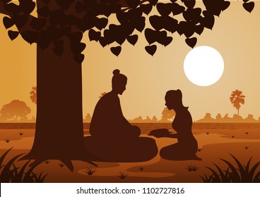 Woman Giving Food To Lord Of Buddha Before Enlighten On Vesak Day