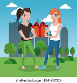 woman giving a gift box to friend
