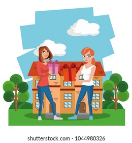 Woman giving a gift box to a friend