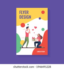 Woman giving gift to her boyfriend. Girl with present box getting down on one knee flat vector illustration. Love, special date concept for banner, website design or landing web page