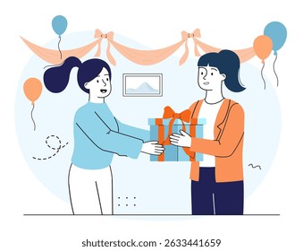 Woman giving gift. Two girls celebrating holiday together. Birthday or New Year party. Festival, party or event. Mother gives present to her daughter. Linear vector illustration