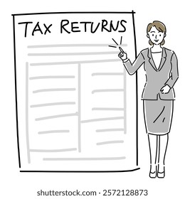 A woman giving guidance on filing tax returns hand drawing vector illustration