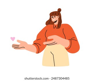 Woman giving heart, sharing love, helping hand gesture. Volunteer donation concept. Happy kind generous female with affection emotion expression. Flat vector illustration, isolated on white background