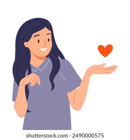 Woman giving heart, sharing love, helping hand gesture. Volunteer donation concept. Happy kind generous female with affection emotion expression. Flat vector illustration, isolated on white background