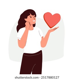 Mujer dando corazón, compartiendo amor, ayudando a gesticular la mano. Concepto de donación voluntaria. Feliz amable mujer generosa con afecto y expresión de emoción. Ilustración vectorial plana, aislada en el fondo blanco