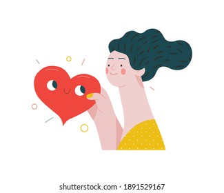 Woman giving a heart - Valentines day graphics. Modern flat vector concept illustration - a young woman holding the big heart. Hearts and flowers. Cute characters in love concept