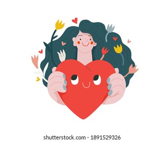 Woman giving a heart - Valentines day graphics. Modern flat vector concept illustration - a young woman holding the big heart. Hearts and flowers. Cute characters in love concept