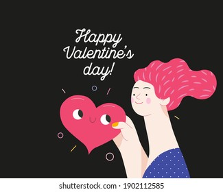 Woman giving a heart - Valentines day graphics. Modern flat vector concept illustration - a young woman holding a big heart. Cute character with heart, love concept