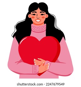 Mujer dando un corazón. Concepto de San Valentín. Chica con suéter acogedor sosteniendo el corazón. Ilustración del vector