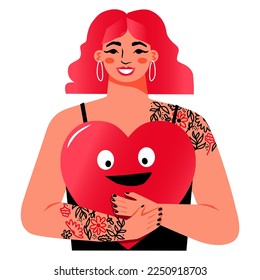 Woman giving a heart. Valentines day concept. Girl in black dress and with tattoo holding heart. Vector illustration