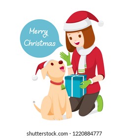 Woman Giving Her Dog Gift for Christmas Celebration, New Year, Xmas, Animals, Festive, Holiday