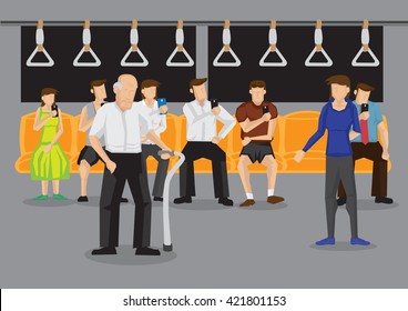 Woman giving up her seat to elderly man in public transport. Vector illustration on kind acts in public places concept.