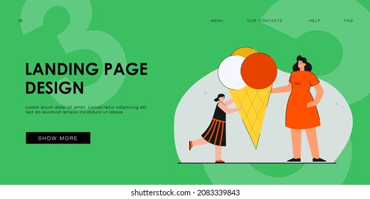 Woman giving ice cream to girl. Mother offering cone with colorful balls of ice cream to daughter. Child happy, tasty food. Dessert, tasty snack concept for banner, website design, landing web page